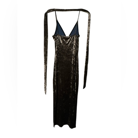 Gold Crushed Velvet Maxi Dress Spaghetti Straps Evening Slit Sexy Party Shiny M - Picture 4 of 7